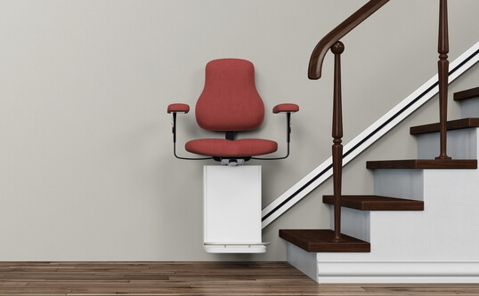 Panorama of stairlift on stairs in a home for elderly people (3D Rendering)